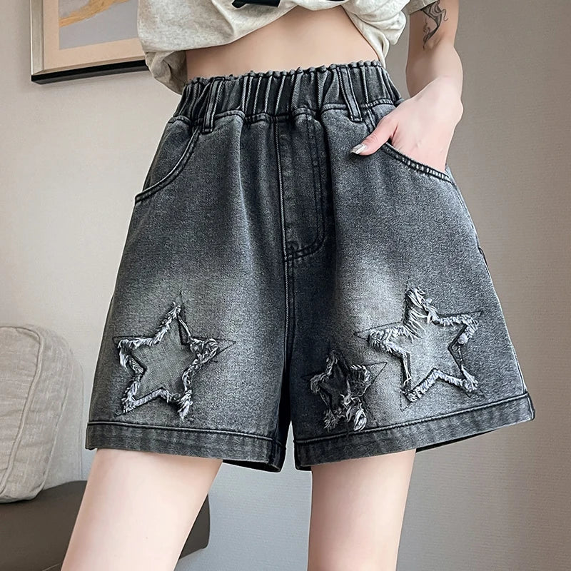 L-6XL Plus Size Denim Shorts For Women Summer 2025 High Waist Black Loose Wide Leg Short Jeans Women Star Large Size Short Jeans