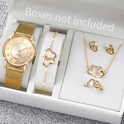 6PCS/Set Fashion Heart Dial Women Watches Plastic Band Quartz Watch Rhinestone Heart Jewelry Set（Without Box）