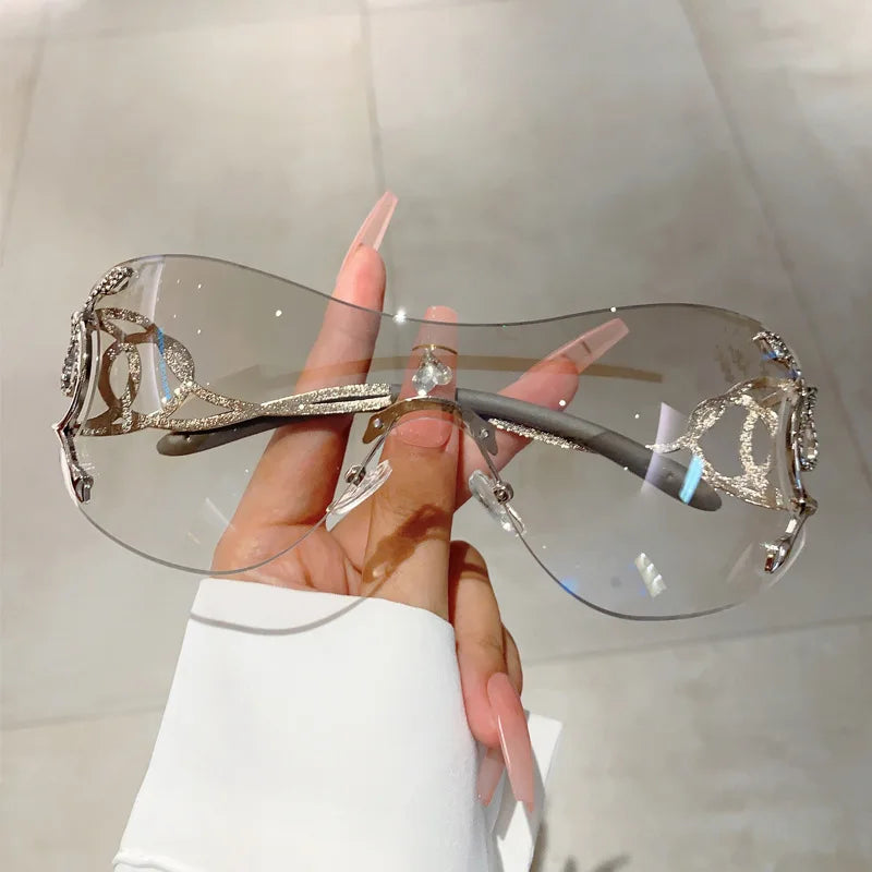 Y2K Rimless Luxury Brand Designer Sunglasses Women For Men One Piece Trendy Oversized Sun Glasses Metal Snake Pink Punk Shades