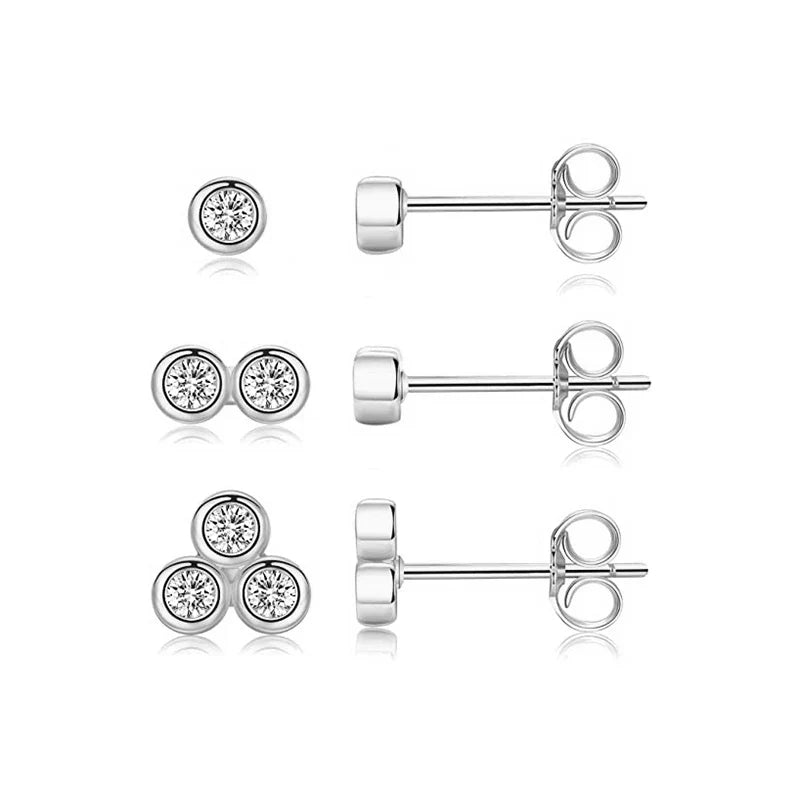 CANNER 3pcs/set Bling Zircon Earring 925 Sterling Silver Cute Mini Heart Star Stud Earrings Ear Bone Earlobe Piercing Jewerly