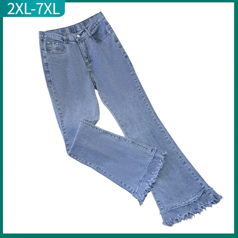 Plus Size Flared Y2K Jeans For Women Large Slim Elastic Cotton Blue Tassel Denim
