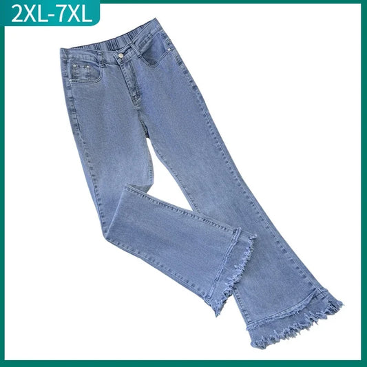 Plus Size Flared Y2K Jeans For Women Large Slim Elastic Cotton Blue Tassel Denim