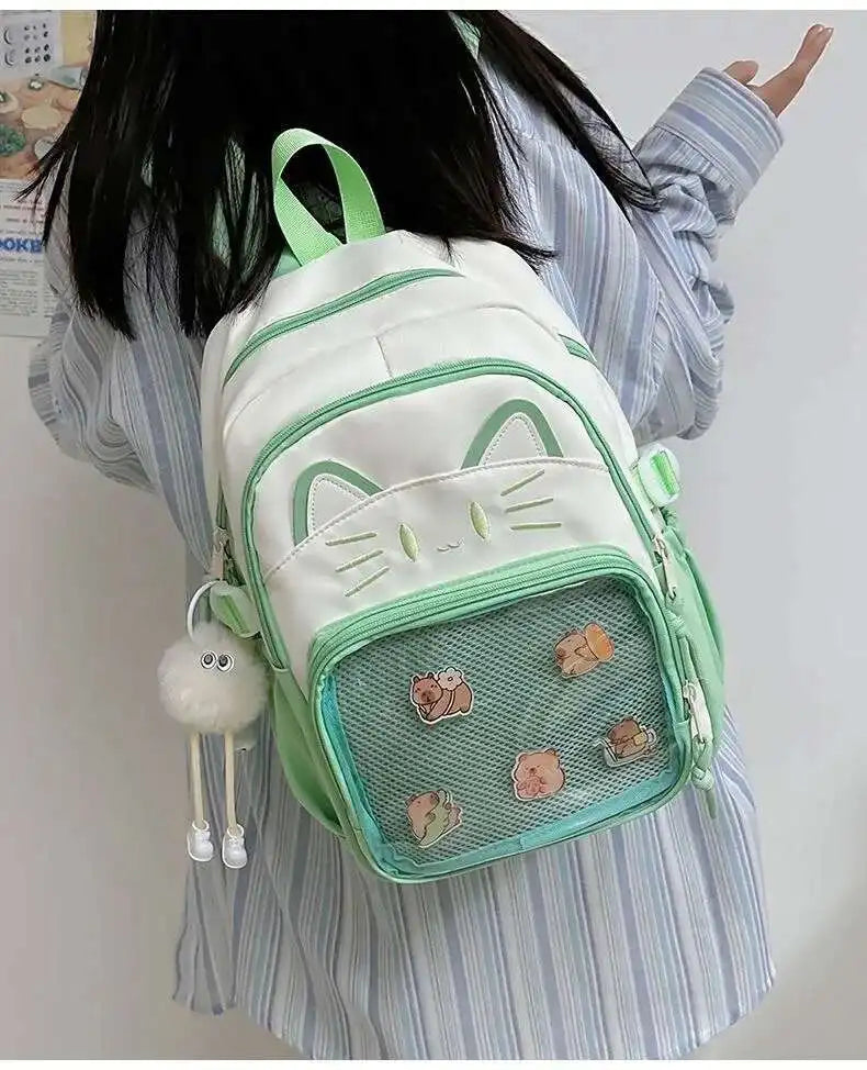 Y2K Cute Cat Ita Backpacks Large Capacity Knapsack Casual Girl Transparent DIY Display Rucksack Cartoon Trendy Travel Schoolbags