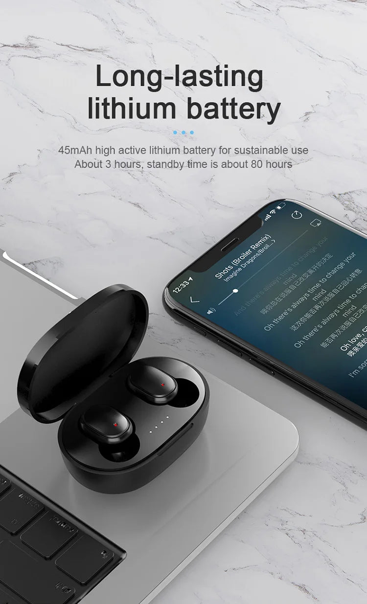 A6S, TWS Wireless Bluetooth Headphone, Stereo Headset, Sports Earbuds, Microphone with Charging Box, Smartphone