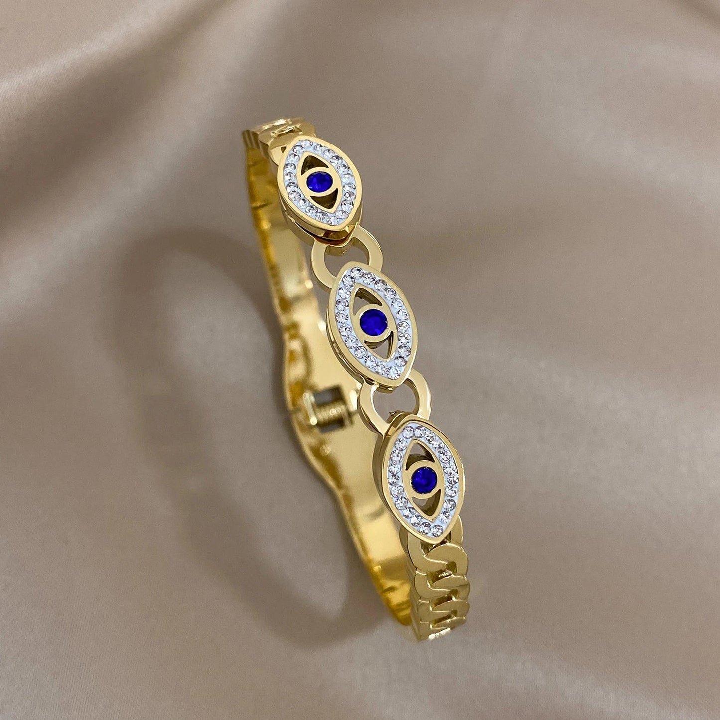 Evil Eye Bracelet Exquisite Stainless Steel Hollow Evil Eye Decorative Charm Bracelet Bangles with Rhinestones