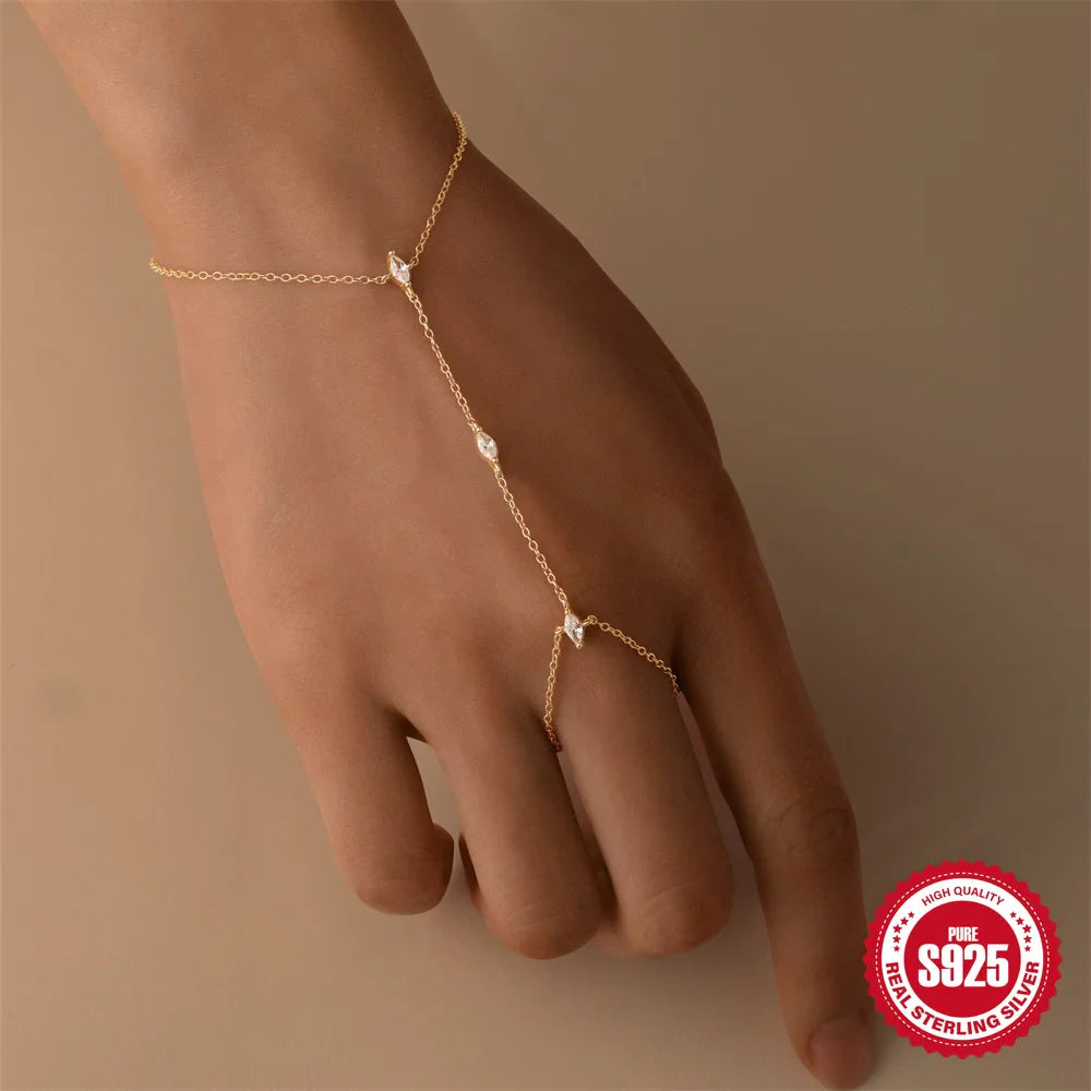 CANNER 925 Sterling Silver Flower Clover CZ Finger Ring Chain Bracelet For Women Ins Hand Chain Horse Eye Jewelry Party Gift