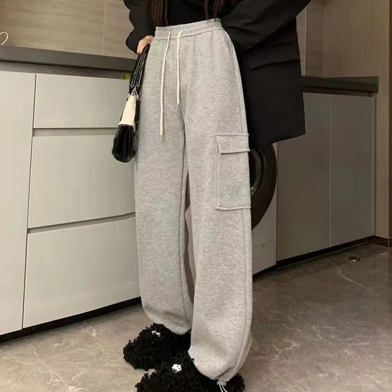 Plus Velvet Cargo Pants Women Men High Waist Drawstring Baggy Trousers Harajuku Big Pocket Oversized Pants Wide Leg Sweatpants