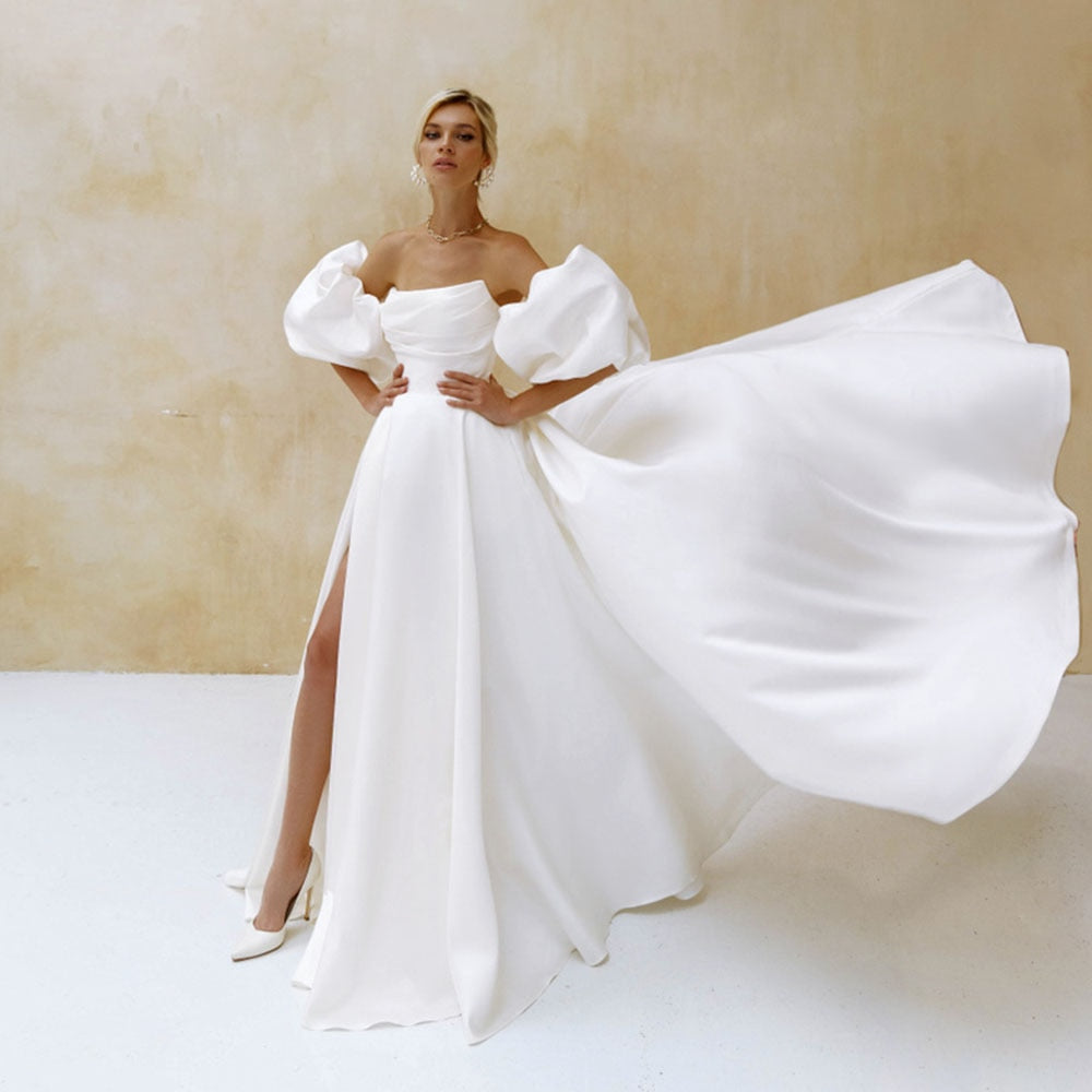 Wedding Dress Short Puff Sleeves Simple Plain White Bridal Gown