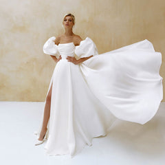 Wedding Dress Short Puff Sleeves Simple Plain White Bridal Gown