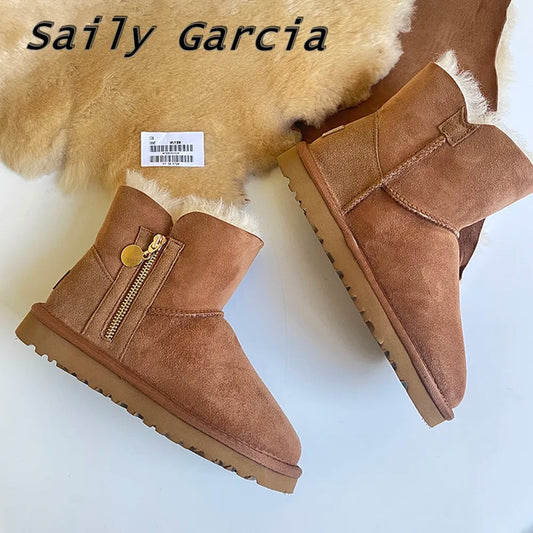 Round Toe Short Plush Side ZIpper Mid Calf Snow Boots 2023 Winter New Wool Fur Grace Lady Boots Solid TPR Sole Flat Casual Shoes