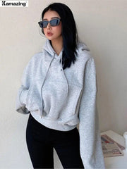 Winter Women Solid Fleece Hoodies Clothing Long Sleeve Tops Loose Pocket Hooded