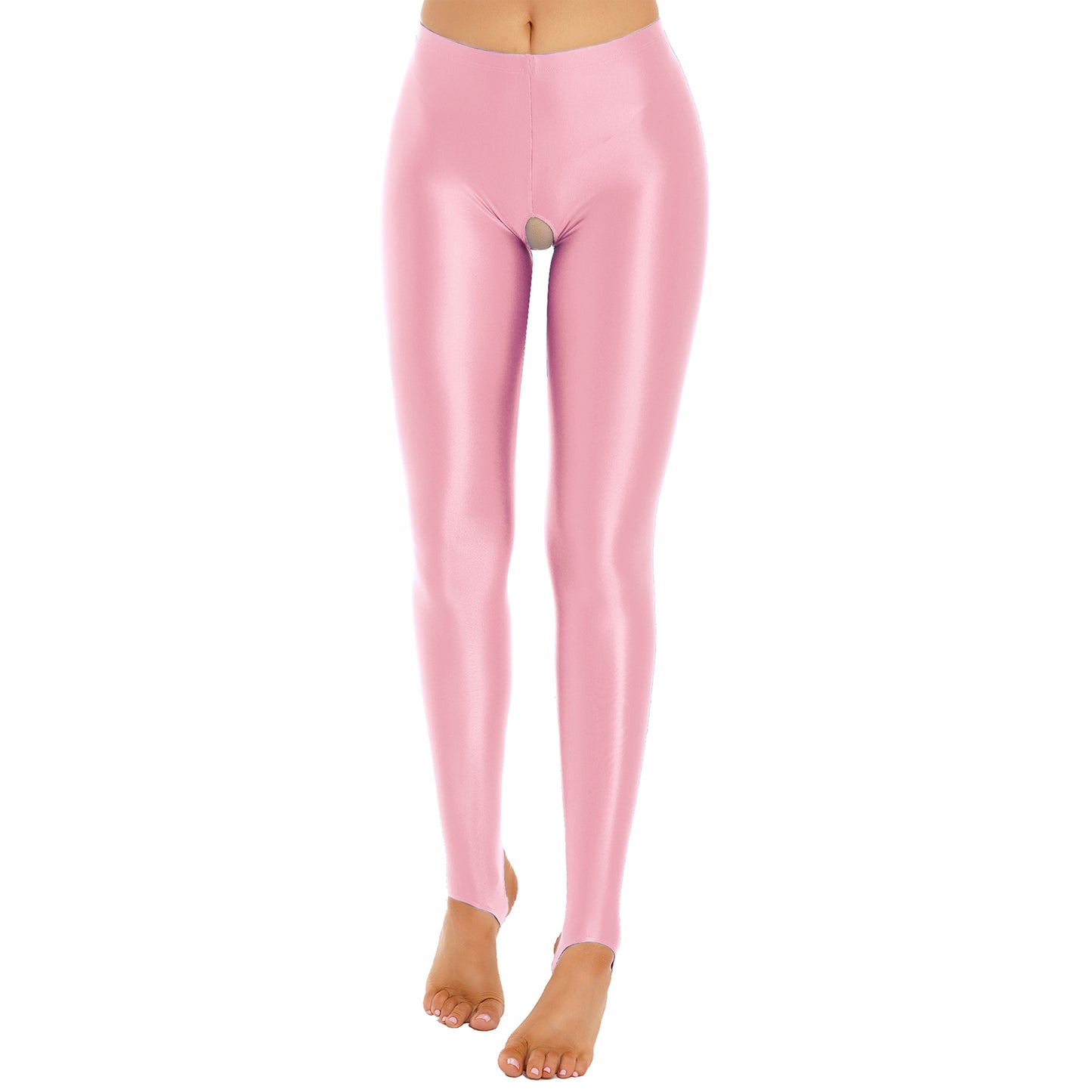 Womens Lingerie Glossy Open Crotch Stirrup Tights Leggings Stretchy Smooth Mid Waist