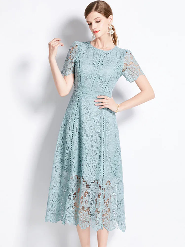 SMTHMA Vintage High-End O-Neck Short Sleeve Lace Hollow Out Dress For Women's