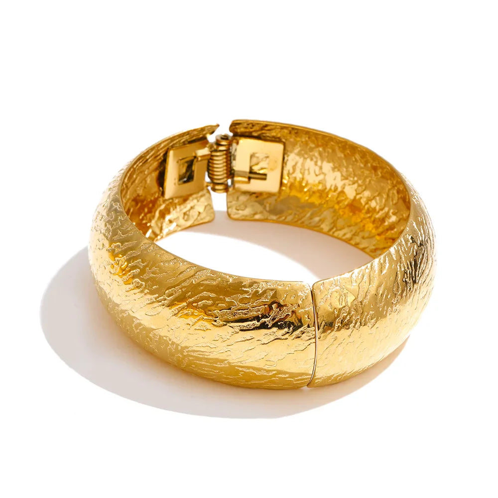 Yhpup 66mm Old Money Style Stainless Steel Hammer Metal Statement Bracelets Bangle Waterproof Vintage Minimalist Jewelry New