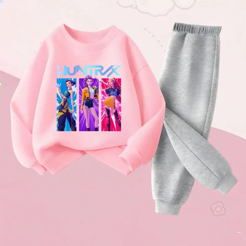 K-POPcartoon Printed Spring Autumn Girls O Neck Hoodies Sets Children Sweatshirt Sweatpant 2pcs Suit Kids Casual Pullover Set