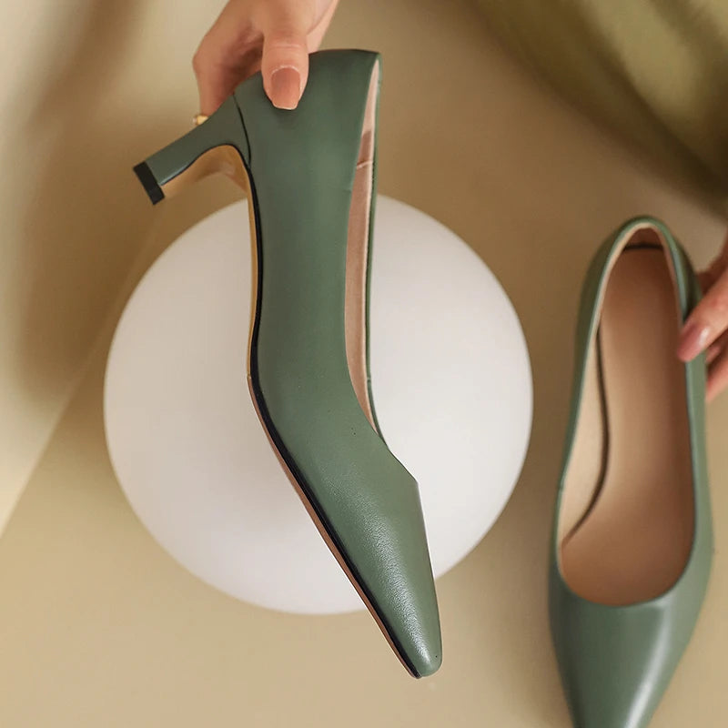 Spring 2023 High Heels Pumps Shoes Woman Elegant Genuine Leather Black Nude Green Heeled OL Party Office Wedding Shoes Ladies