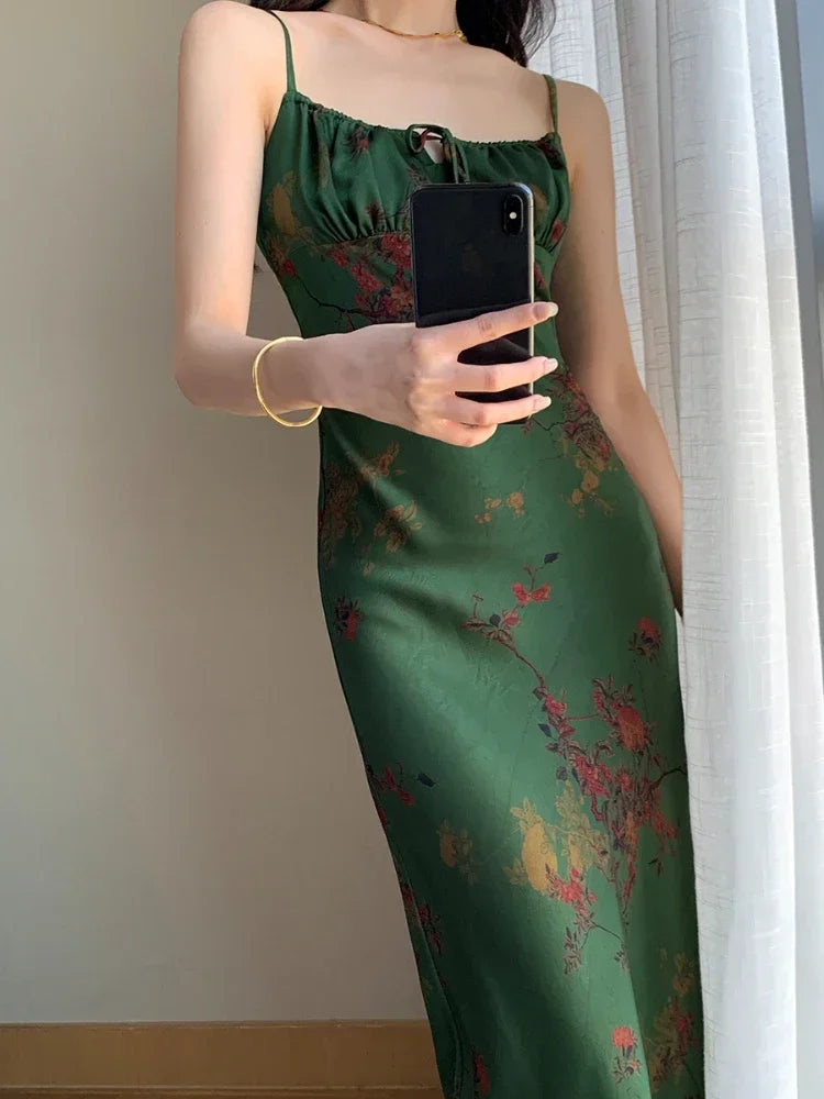 Formal attire Dresses: Women Vintage Green Floral Printed Evening Party Dresses