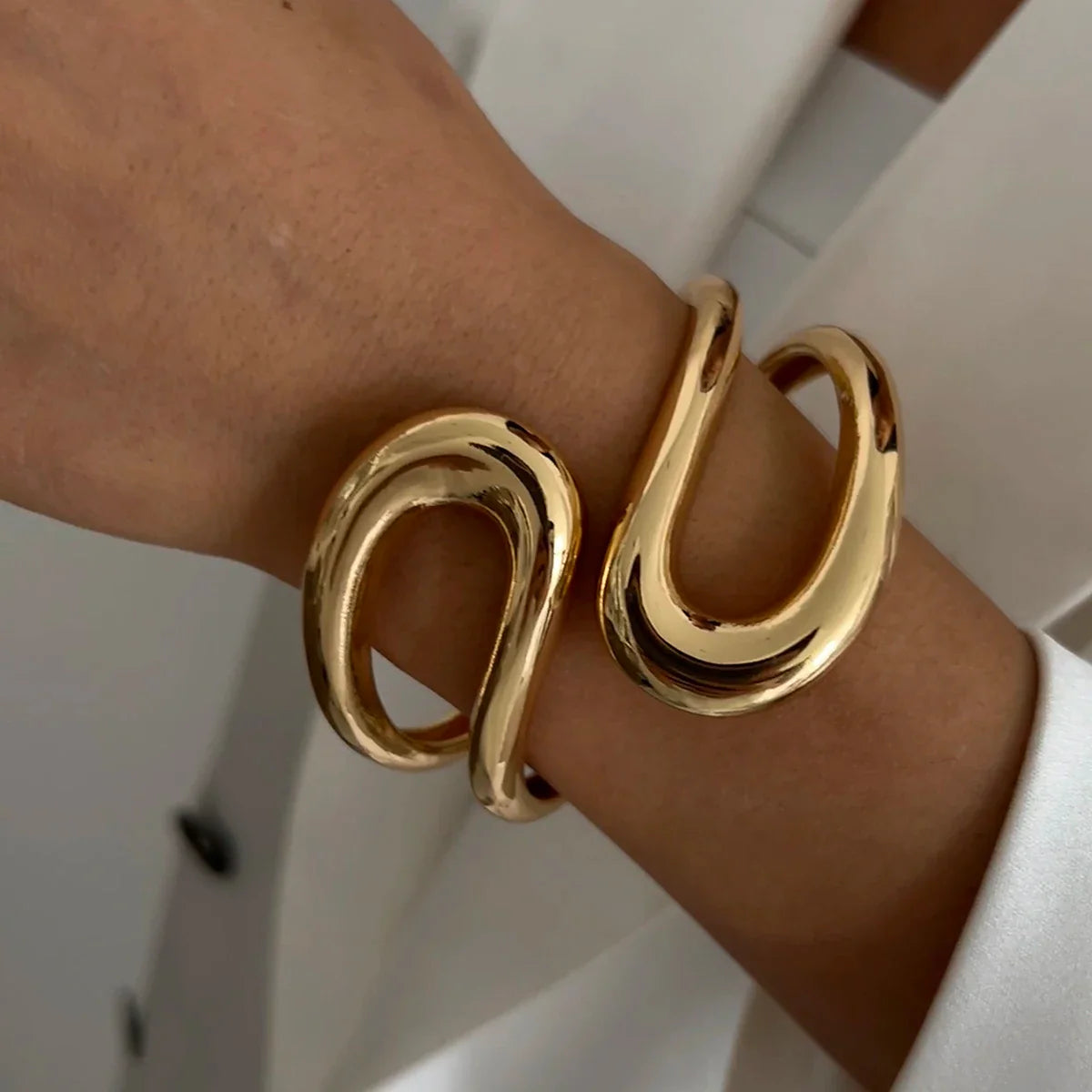 KunJoe Punk Hollow Out Geometric Cuff Spring Bangles for Women Personalized Heavy Metal Chunky Wide Open Bracelet Arm Jewelry