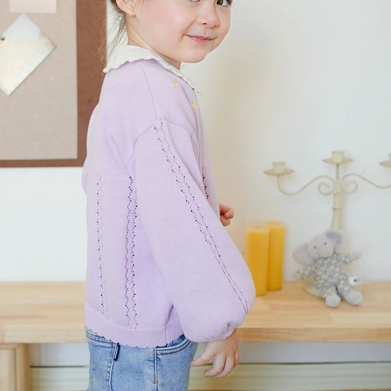 Cute Bow Purple Embroidery Jacket Girls Cardigan V-neck Sweater Pink Coat