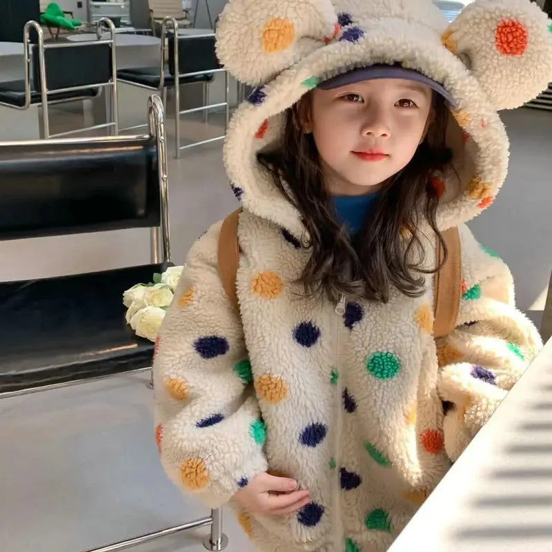 Girls Coat Rainbow Polka Dot Hooded Fleece Thickened Zipper Jacket Autumn Winter Coat