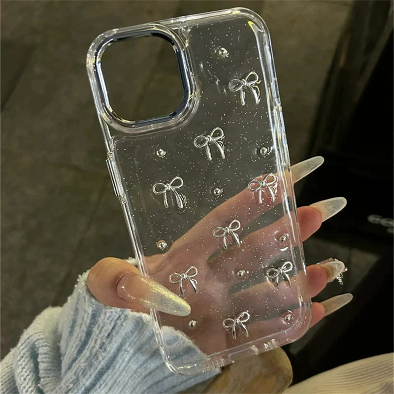 INS Korea Glitter 3D Silver Bow Beads Phone Case For iPhone 16 15 14 13 12 11 17 Pro Max 7 8 Plus X Epoxy Shell Girl Clear Cover