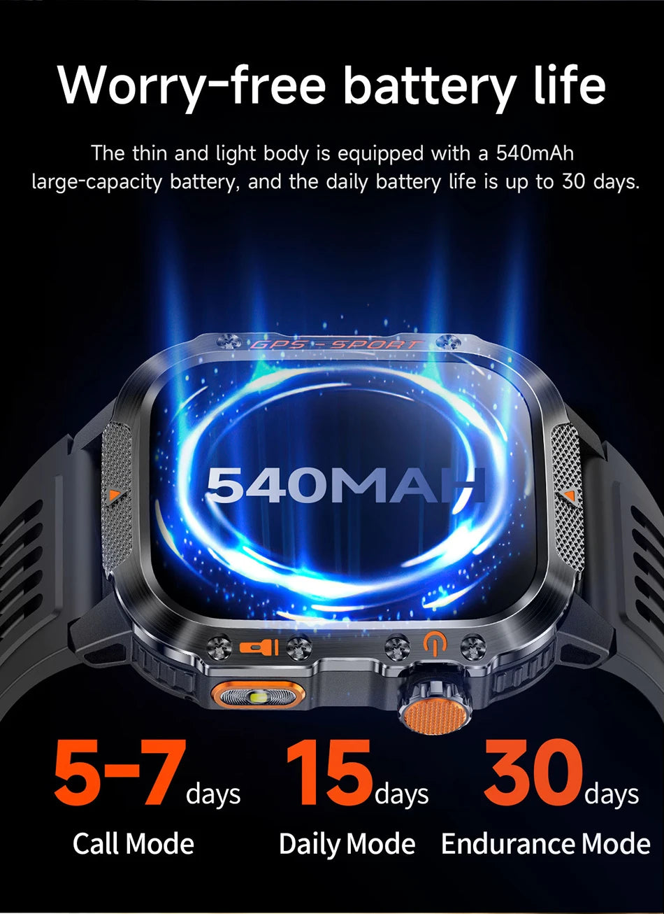 2025 New Military Outdoor Smart Watch Men's GPS Flashlight Bluetooth Call 2.01" AMOLED Screen 3ATM Waterproof Sports Smartwatch