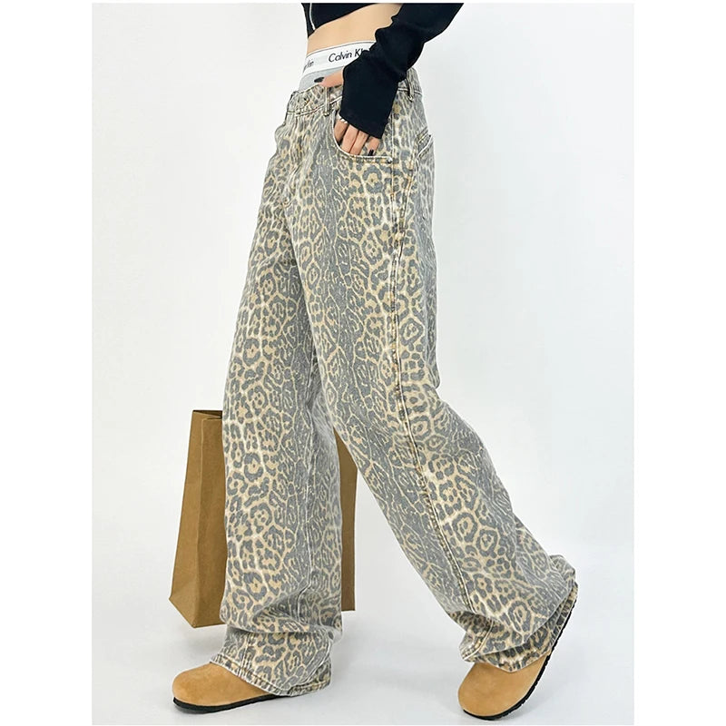 American Retro High Street Casual Overalls Leopard Print Loose Wide Leg Pants