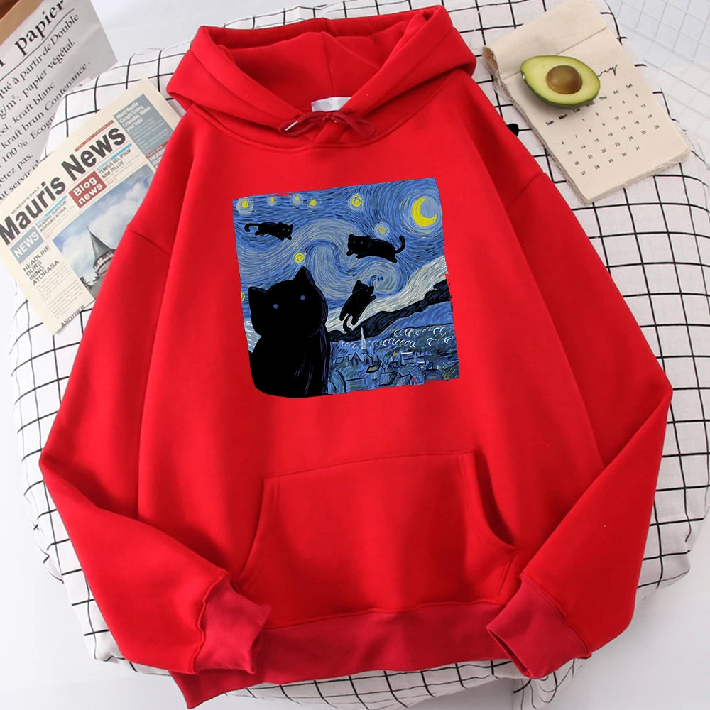 The Starry Cat Night Printing Hoodies Men Autumn Oversize Hoodie Fashion Fleece