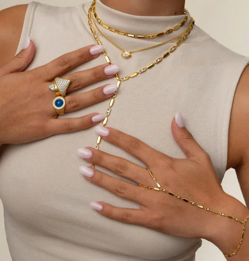 Gold Color Women Fashion Jewelry Set Geometric CZ Rectangle Charm Link Hand Chain Bracelet Choker Y Lariat Necklace