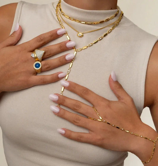 Gold Color Women Fashion Jewelry Set Geometric CZ Rectangle Charm Link Hand Chain Bracelet Choker Y Lariat Necklace