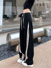 Zoki Streetwear Fashion High Waist Black Sweatpants Women Korean Lace Up Striped