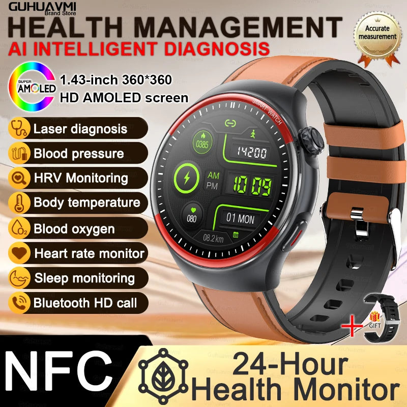 Sapphire Glass Laser Detection Health Smartwatch Men Precise Heart Rate Blood Pressure 150+Sports Bluetooth Call NFC Smart Watch