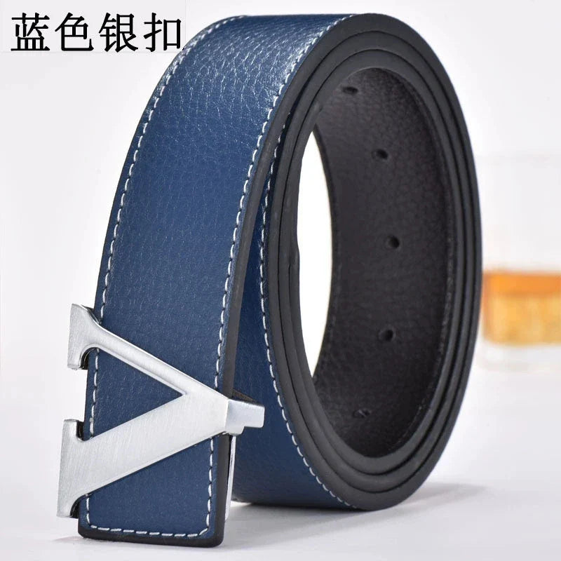 Men's high-end belt with smooth buckle; Korean style fashion trend letter V belt; men's belt
