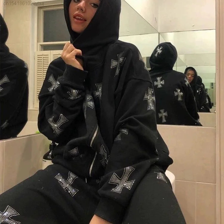 Y2k Gothic Spider Web Diamond Zipper Hoodie Female Autumn Winter Oversize Fashion