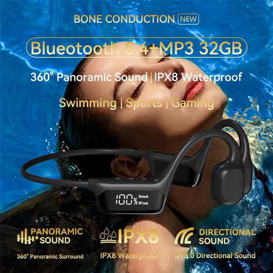 Swimming Earphone IPX8 Waterproof Bone Conduction Headphones MP3 Player Wireless Bluetooth 5.4 Headset LED Display With 32G RAM