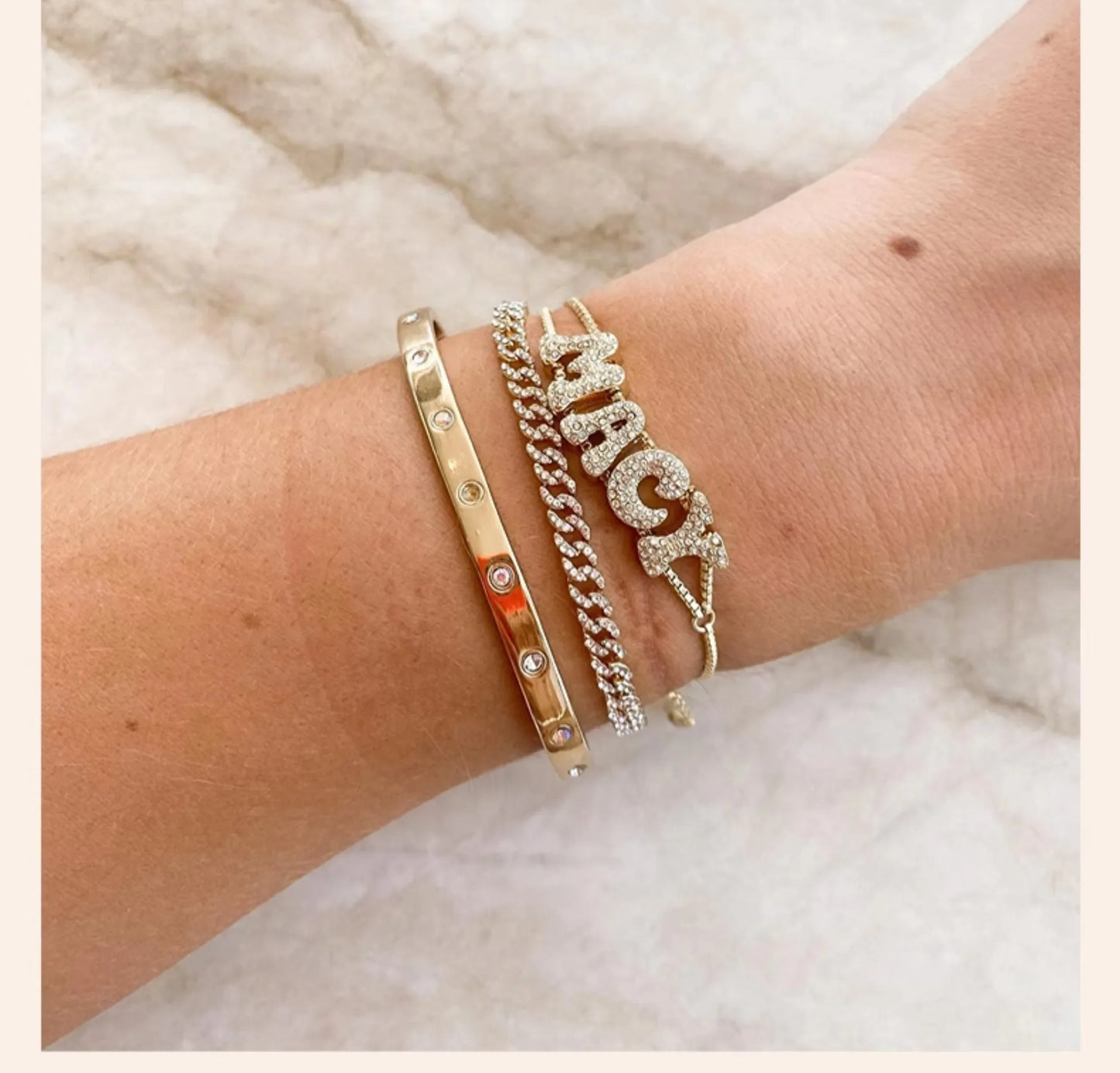 DOREMI Crystal Zircon Name Customized Letter Doubel Chain Mesh Dainty Sliding Slider Letter Personalize Name Bracelets