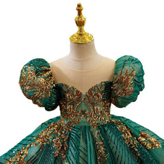 Kids Luxury Party Green Gold Dresses for Girls Size 1 - 12 Years Birthday Photo Shoot