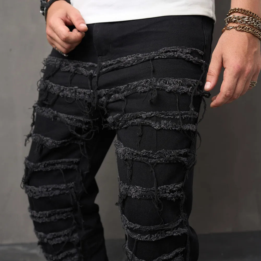 Ripped Jeans Pants Male Loose Straight  Solid Casual Denim Trousers