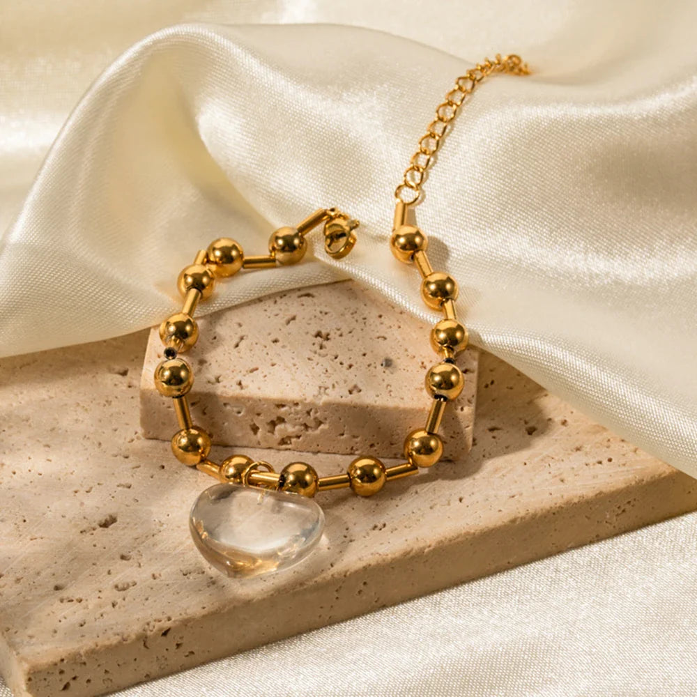 Youthway Delicate Clear Glass Heart Stainless Steel Necklace Bracelet Set Waterproof Golden Trendy Jewelry Boucle Oreille Femme