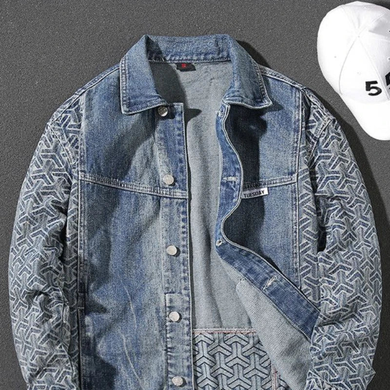 Male Jean Coats Spliced Geometric Autumn Men's Denim Jacket Blue Wide Shoulders
