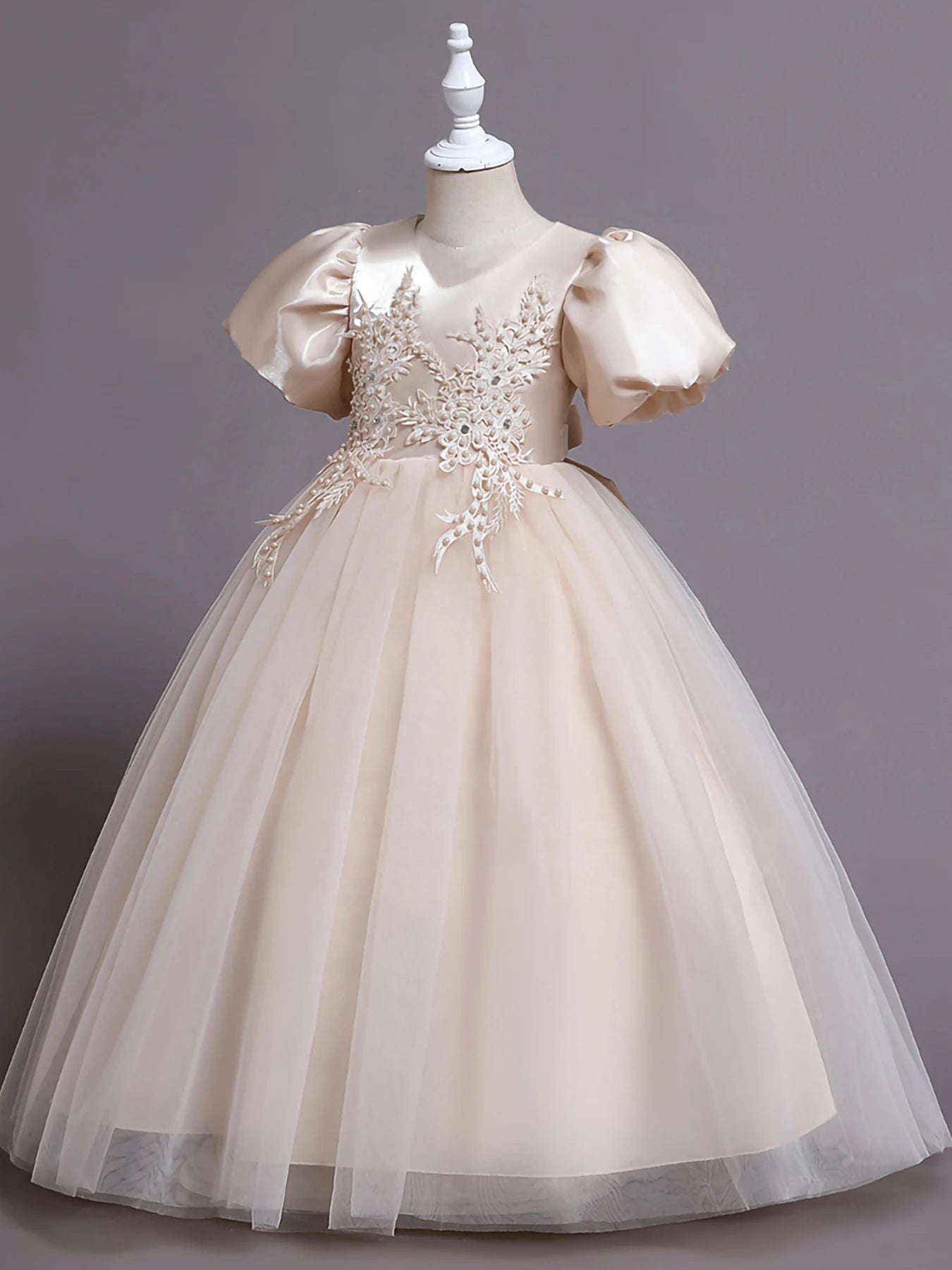 Champagne Long V-Neck Beaded Bubble Sleeve Floral Mesh Dress Holiday Party Piano Performance Dress For Girls Ages 3-12