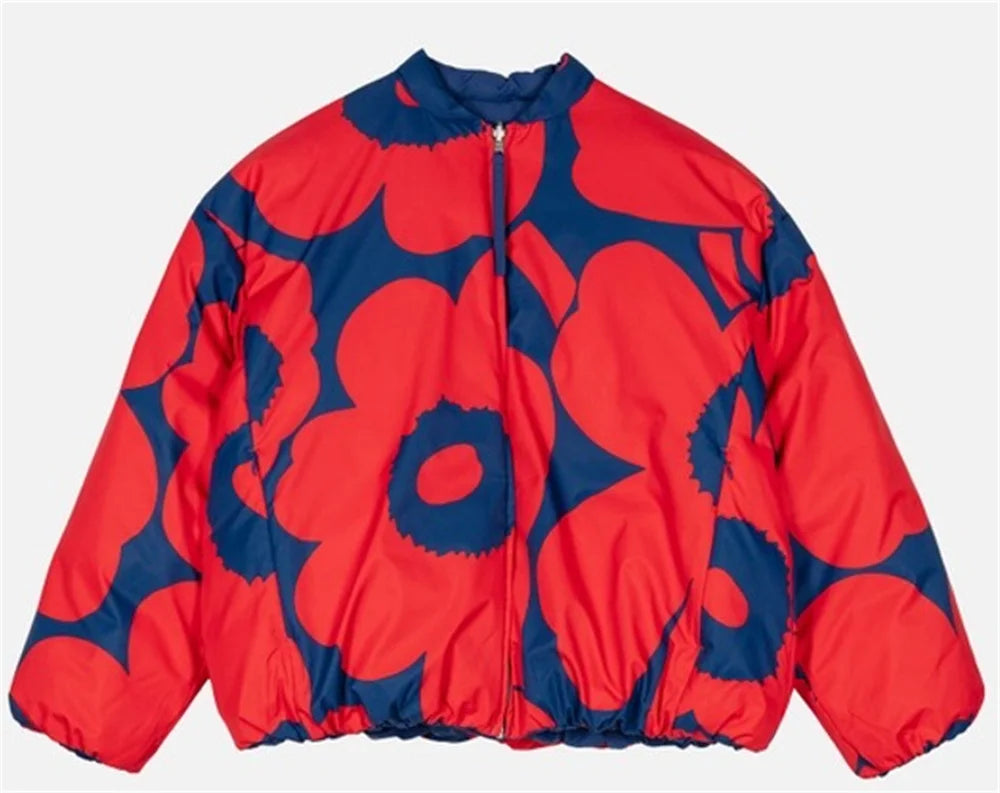 Winter Print Thick Jacket for Women Oversize Stand Collar Long Sleeve