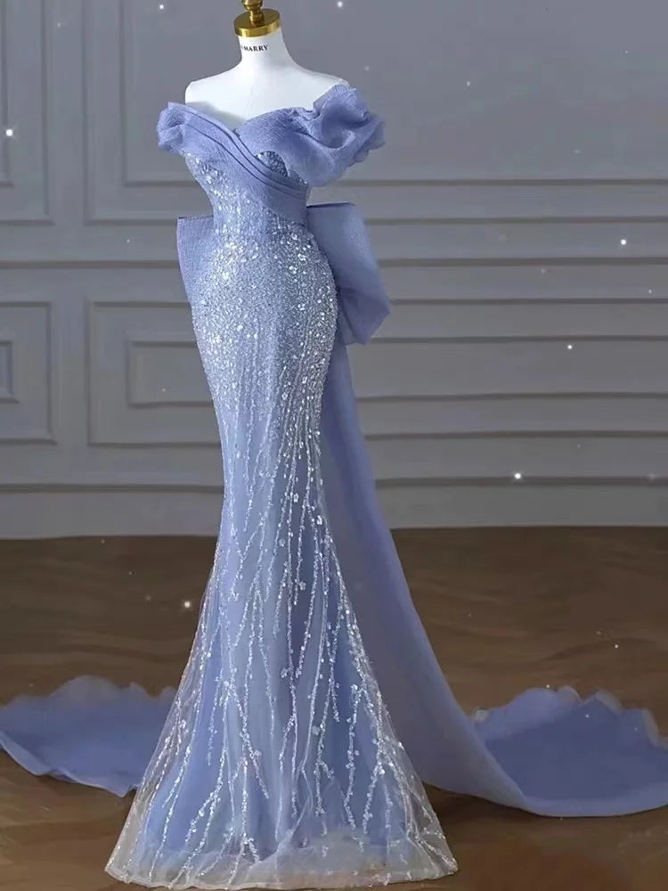 Homecoming Dresses: Evening Dresses Blue Bowknot Sweep Train Bodycon