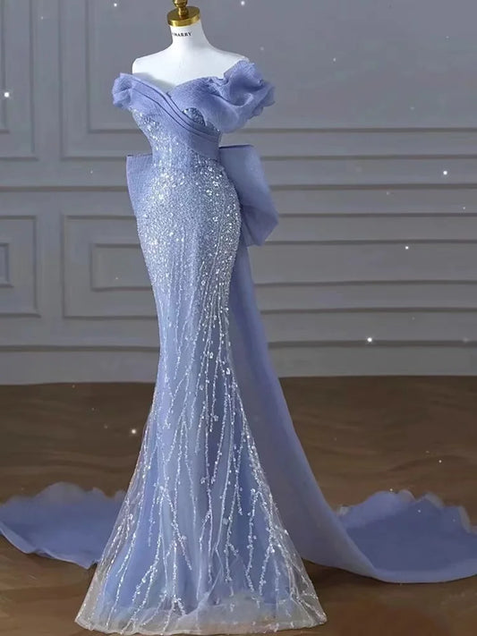 Homecoming Dresses: Evening Dresses Blue Bowknot Sweep Train Bodycon