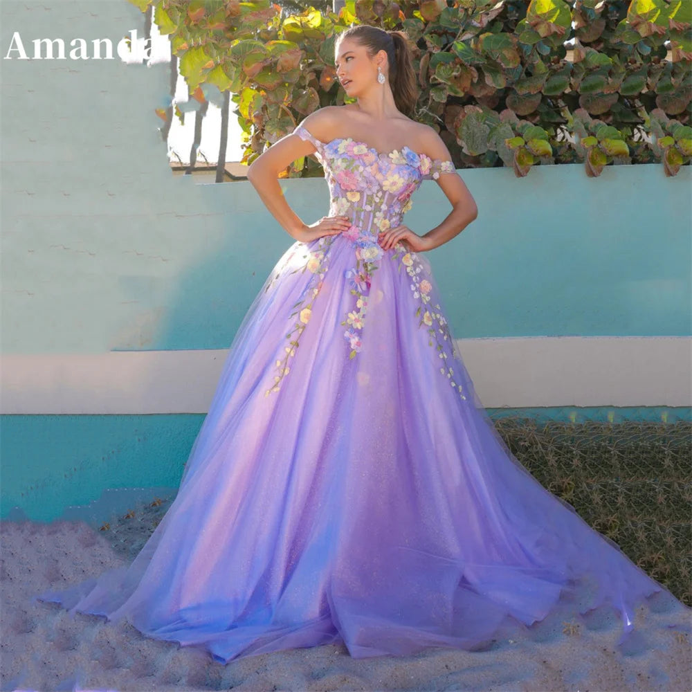 Homecoming Dresses: Off Shoulder Ball Gown Flower Lace Evening Dress