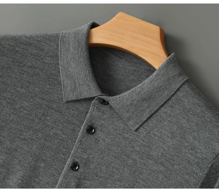 Spring Autumn Men Shirt  Merino Worsted Wool Knitted Pullover Long Sleeve Polo-Collar Clothing Tops Smart Casual Thin Outerwears