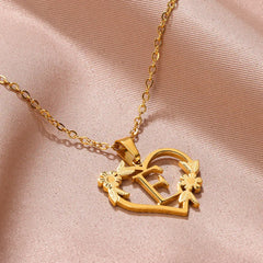 Gold Color Dainty Flower Initials Necklace Women Girl Stainless Steel Heart Letter