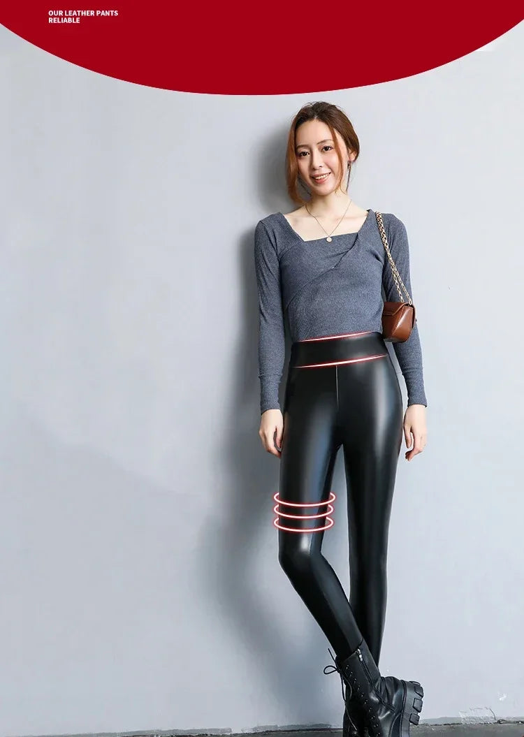 Women's Pants Velvet PU Leather Leggings Winter Ladies High Waist Fleece