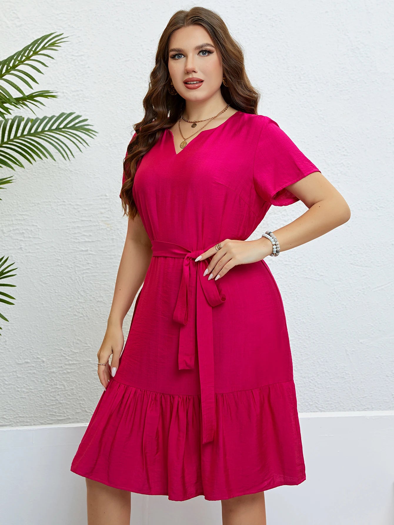 Plus Size Summer New Style Short Sleeve V-neck Solid Elegant Dress For Women Outfits Casual A-line Party Large Size Midi Dresses