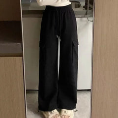 Plus Velvet Cargo Pants Women Men High Waist Drawstring Baggy Trousers Harajuku Big Pocket Oversized Pants Wide Leg Sweatpants